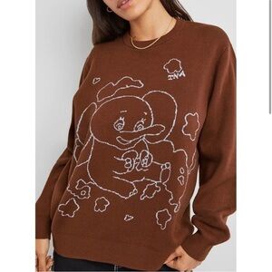 Aritzia TNA Brown Century Elephant Graphic Crew Neck Jacquard-Knit Sweater